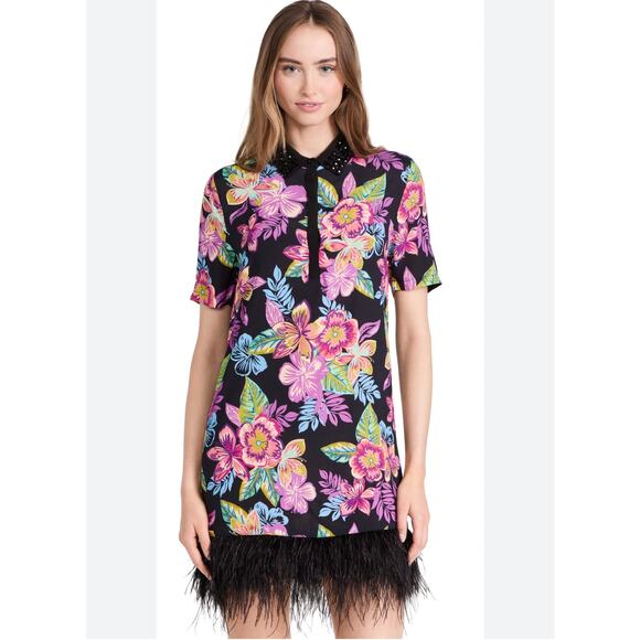 Le Superbe Floral Polo Mini Dress, Silk, Ostrich Feathers, NWT, Women's Size 4 - Picture 1 of 10